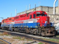 What will become a "fallen flag" scheme in 2013, two RailAmerica painted units sit parked adjacent to the Kitchener station for the weekend.