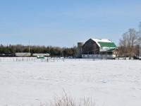 <i>Barrie Collingwood Railway chase 2 of 7.</i> Just west of New Lowell the westbound train passes through the rural farm fields of Simcoe County with their train of three cars for Canadian Mist distillers.