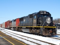 IC 1001 leads 148 past the station in Brantford. The black IC unit contrasted nicely with the white snow. 