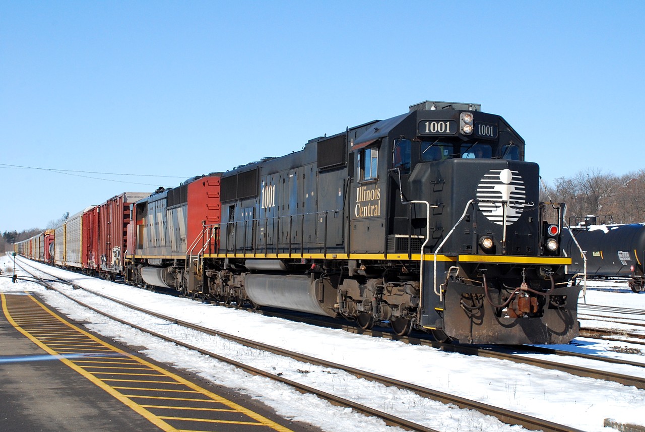 IC 1001 leads 148 past the station in Brantford. The black IC unit contrasted nicely with the white snow.