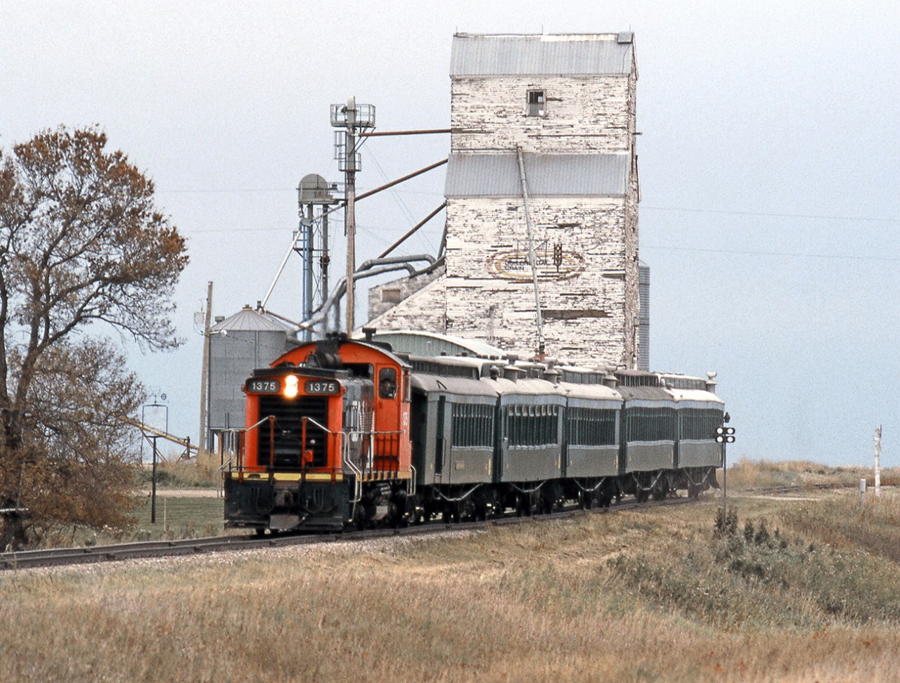 To celebrate the restoration of the former Northern Pacific of Manitoba, a CN predecessor, station at Miami Manitoba the historic society ran a weekend of excursions out of Miami on Southern Manitoba Railways former CN line in Southern Manitoba. CN SW1200RS on a Somerset turn with Prairie Dog Central coaches passes the elevator at Deerwood after climbing the Pembina Ridge on a massive loop.
