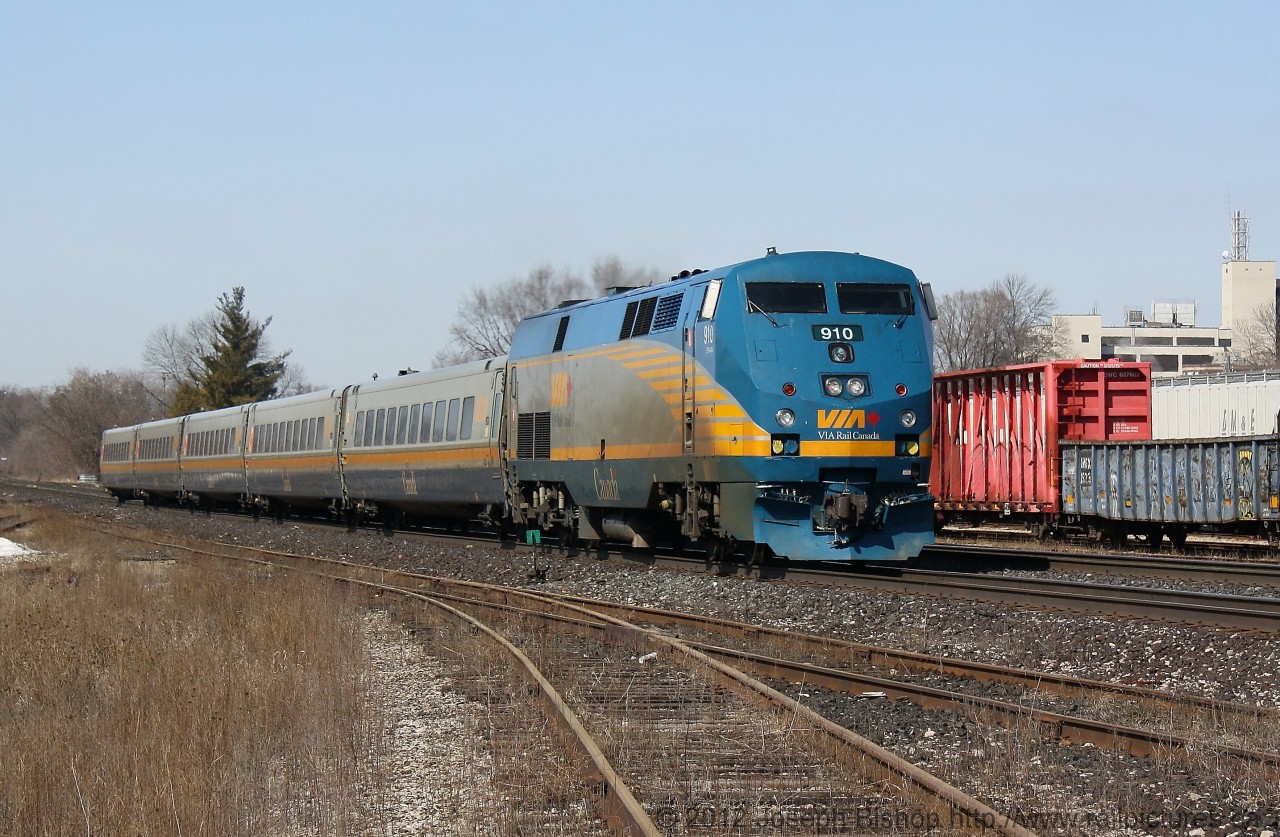 Via 72 cruises into Brantford for its station stop with GE P42 910 on the point.