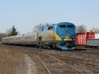 Via 72 cruises into Brantford for its station stop with GE P42 910 on the point.