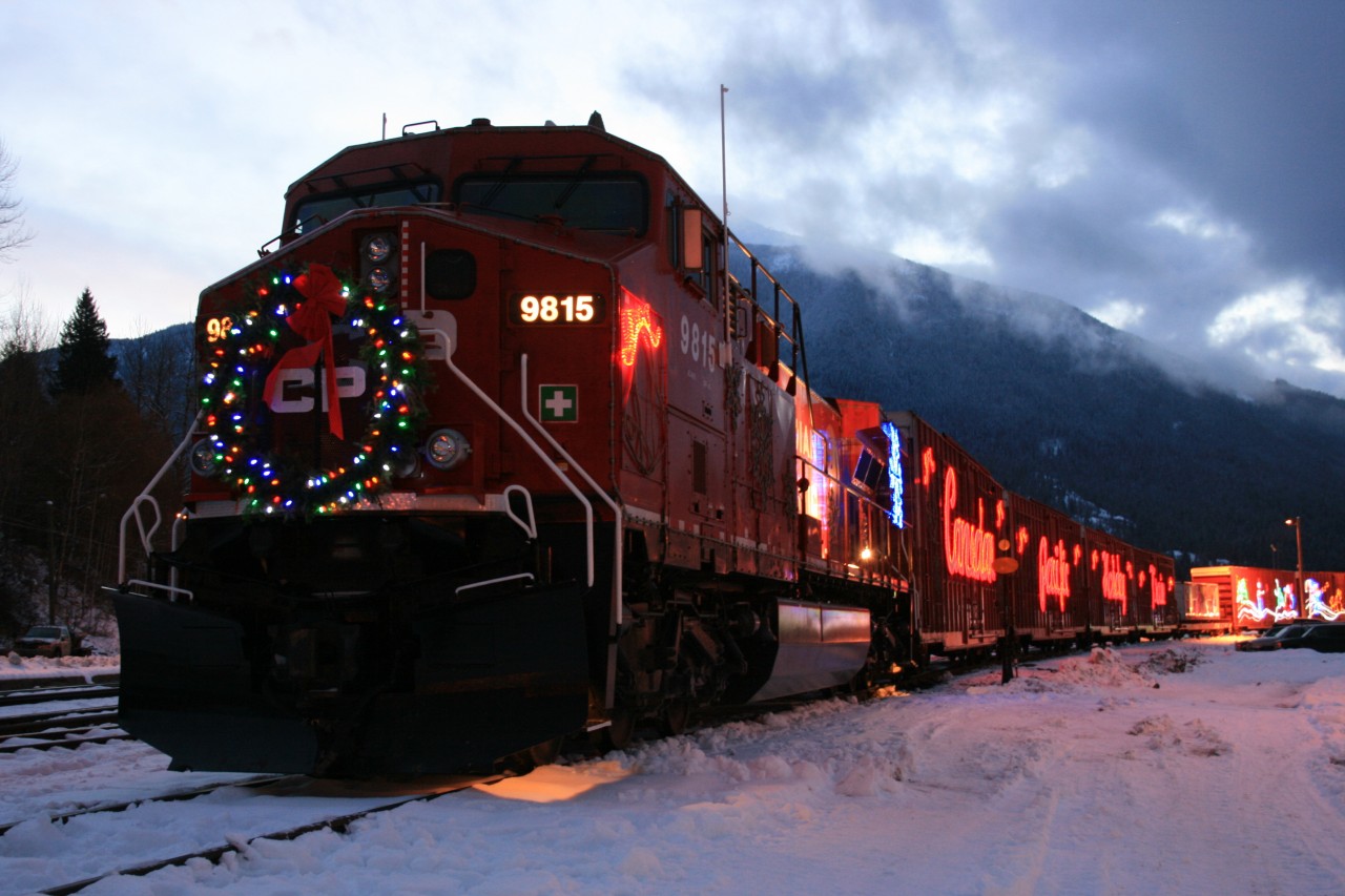 After spending the night in Revelstoke, Santa's diesel reindeer awaits refueling before all the on board creatures were stirring. It would sit here for most of the day before continuing its westward trek to the coast. Season's Greetings.