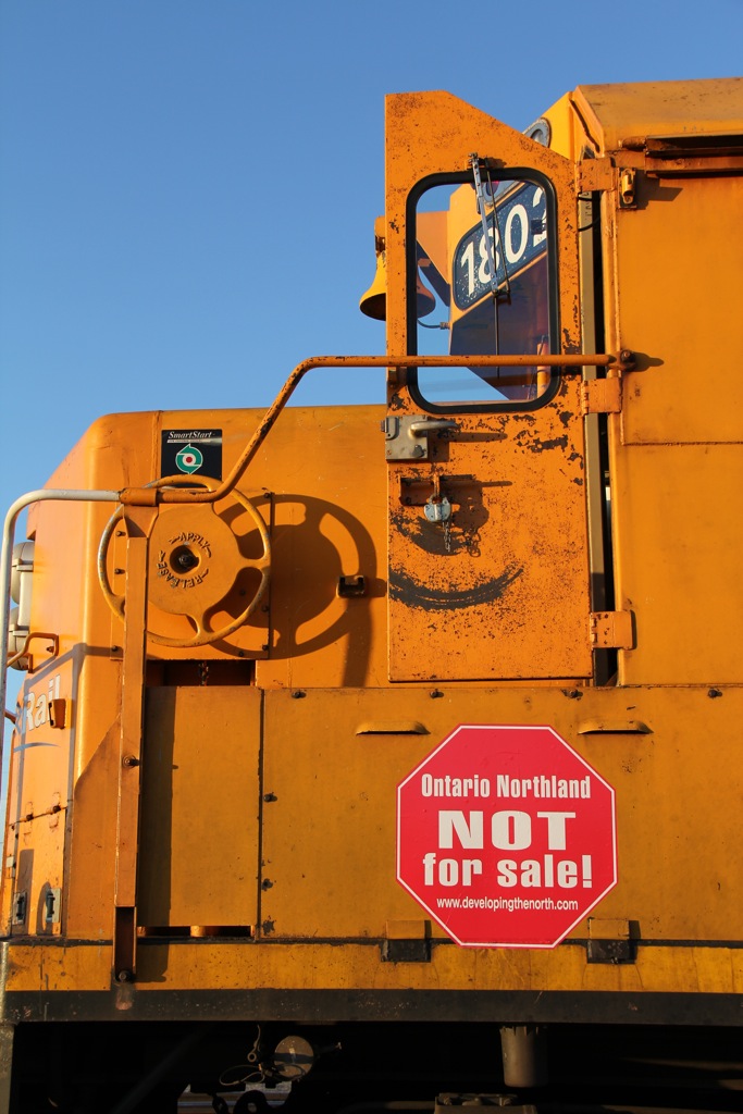 The NOT for sale signs were hot off the press and freshly applied Easter weekend a little over 2 weeks after the announcement. GP38-2 1802 is one of the first units to wear the stop sign and it soon will take the train #122 south as another run as the Northlander. On March 21st I had booked two nights accommodation at the station Inn and was eagerly anticipating my first trip to Cochrane, having only been from Toronto to North Bay by train at that point. Two days later on March 23rd, 2012 the provincial government announced the divestment of the ONTC.
