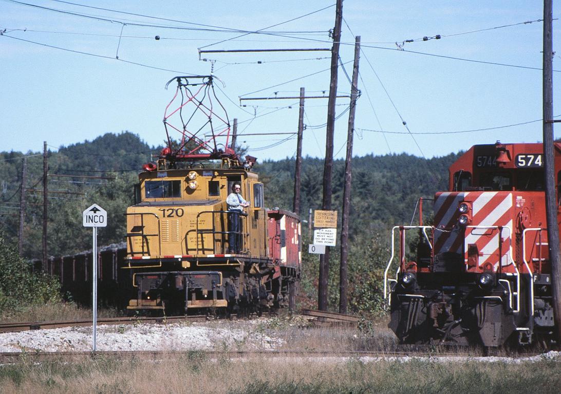 INCO 120 just can up the hill with loads for the CP interchange. CP will take the loads east and set them off at Copper Cliff. 9/23/1996