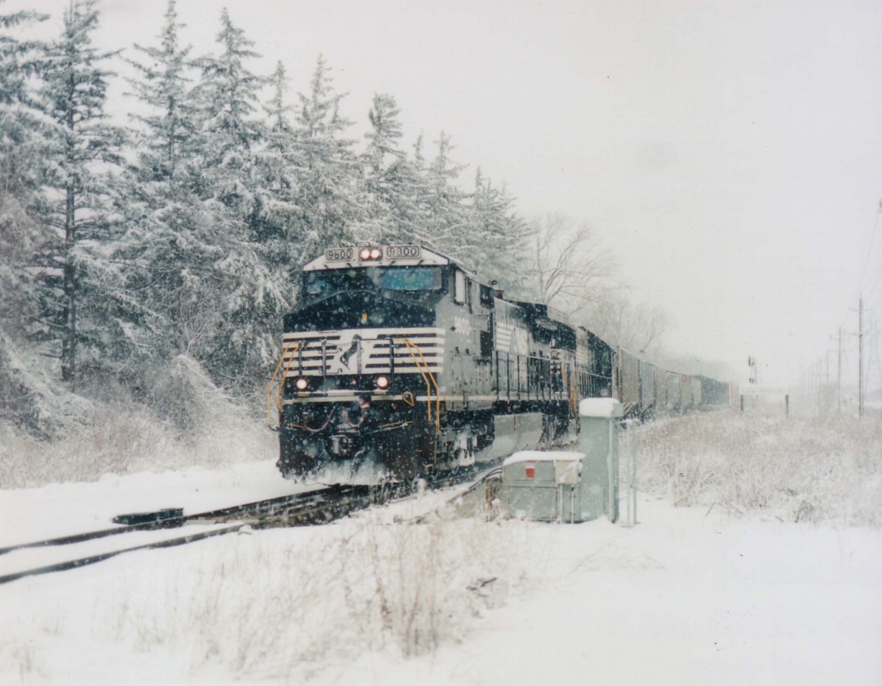 An image fitting for a "White Christmas" scene, this was actually taken on March 1, 2005 at Nelles Rd., in Grimsby. A nice wet snow created a pleasant setting for what would be a normally dull NS lashup of 9800 and 6611 heading Stateside with NS autoparts train #328 which used to run between Talbotville and Buffalo, and due to the chances of interesting power was a favourite with the fans.
The train is now discontinued, and the magnificient row of trees shown was flattened by a ferocious windstorm a couple of years ago.
The train is pictured coming onto the single track stretch between Grimsby and Jordan.