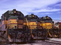 Ontario Northland locomotives await service at the shops in North Bay August 23, 1975.