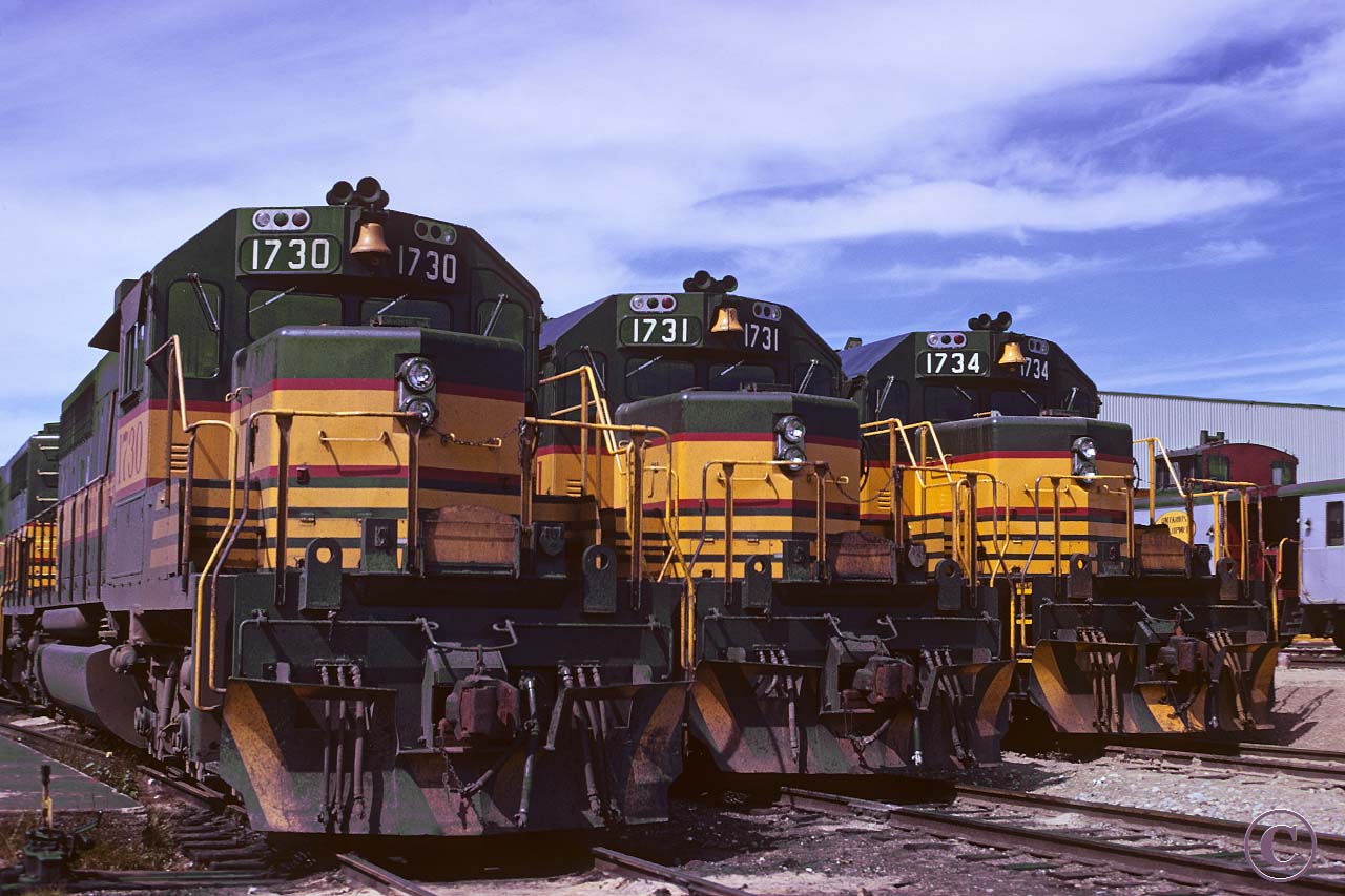 Ontario Northland locomotives await service at the shops in North Bay August 23, 1975.