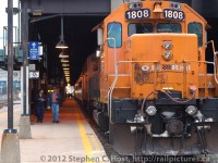 <b>Track 12 departure, Union Station</b> We're at the east approach of Union Station and the Engineer and Conductor, at left, are about to board the Northlander for Cochrane Ontario.