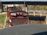 <b>Caboose Hop</b> The view from the Conductors cupola window as Ontario Southland RS23 505 is taking the <b><a href="http://www.ghra.ca">Guelph Historical Railway Association</b></a> CPR Wooden Caboose 436994 to downtown Guelph (on the Guelph Junction Railway) for display at Doors Open Guelph. This move is likely to be repeated in 2013 as plans are afoot to have the equipment on display on Saturday April 27 2013.<br><br>This clear view was made possible by the GHRA members who replaced the windows with donated crystal clear Lexan windows from the interior of the VRE/Guelph Junction Express coaches. CPR 436994 has since undergone a $10,000 external restoration and will be completed in 2013. Consider joining the group if you are interested in helping out!