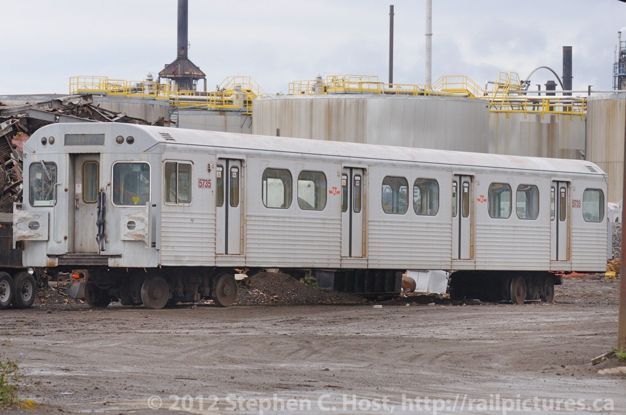 Hamilton's New Light Rail?  - If this was Hamilton Light Rail it would surely look at home, but instead this is the end for TTC Hawker-Siddeley H5 5735 as it awaits its turn for scrapping at Future Enterprises. This facility had the following on the property on this day: 5735: 5717, 5786, 5805, 5713, 5607 - (and there may have been a couple more that I missed!)

As of December 2012 you can hardly tell there was ever a scrap yard here - and the company appears to have gone out of business - phone numbers no longer work, and all of the cars mentioned above are of course, long gone.