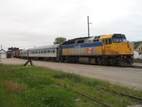 VIA F40PH-2 6445 and the HEP-1 coach have just come off VIA #692, the southbound Hudson Bay.  This equipment will layover until it is picked up by the next northbound train. 6456 and the rest of the now five car consist cools its heels on the main track and will head south to Winnipeg shortly once servicing and a crew change is complete. Behind the HEP-1 coach is one of VIA's four remaining blue and yellow cars dedicated to mixed train service on the Sherridon Subdivision between The Pas and Pukatawagen. 