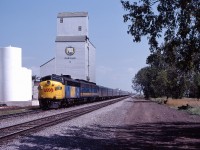 VIA #1 The Canadian thunders through Oakville, Manitoba on the Rivers Subdivision