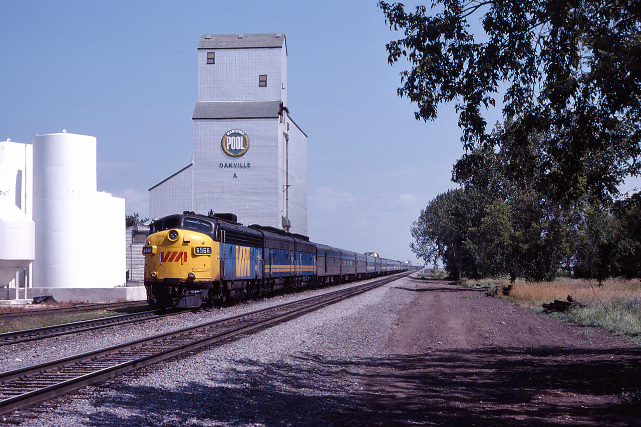 VIA #1 The Canadian thunders through Oakville, Manitoba on the Rivers Subdivision