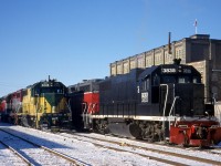 Here's some more GEXR variety shortly after the lease of the Guelph Sub. began. GEXR 3835 and 4019 sit with GEXR 700 and 901 out of sight, while on the adjacent track GEXR 4046, EMDX 205 and GEXR 4022 are coupled in to a consist. 