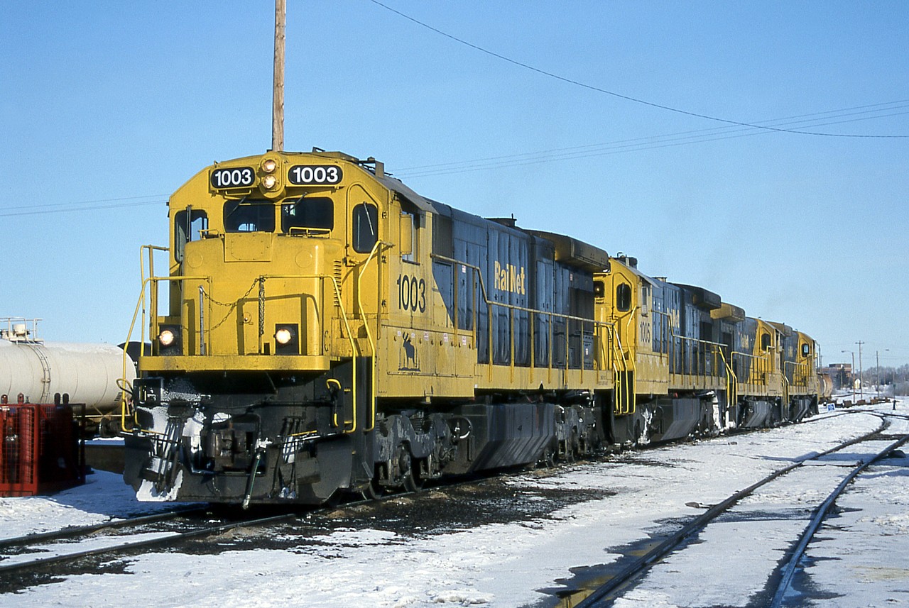 ARN road power gets serviced outside the shop in Grande Prarie after an overnight interchange run to the CN. The power would sit here for most of the day, until late afternoon when they departed for another overnight run south on ARN train 457. The shop area was full of out of service GE's, with the yard being switched with a pair of leased CN GP38-2s. Not exactly what we drove all the way to Grande Prarie to see.