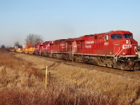 Here we have CP train 282 flying past Manning rd. at track speed just outside of Windsor. The two trailing SOO's (6047 & 6048) are two of the last remaining in SOO paint and are most likely headed to CAD for rebuild.