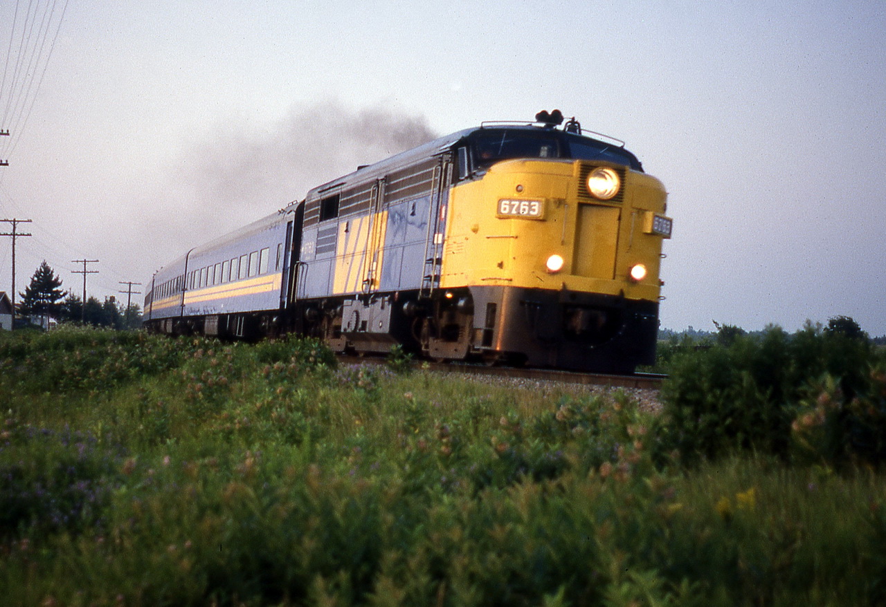 VIA 25 rounds the curve at c 75mph with horns blaring ½hr late at sunset.