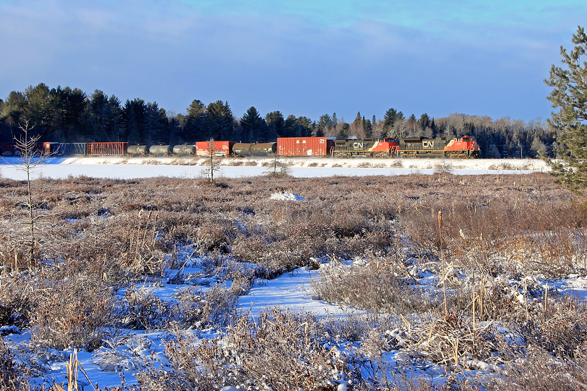 CN 451 rolls across the south end of Siding Lake, approaching the south switch at Martins at Mile 141 of the Newmarket Sub, as more snow clouds start to move in from the west.