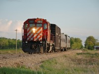 A rare move that took place during the strike on CP in May 2012. This GP38AC led the CP track evaluation train on this branchline with only one customer. This line was quite inactive from around 2008-2010, until some serious tie replacement and ballast work had been completed.