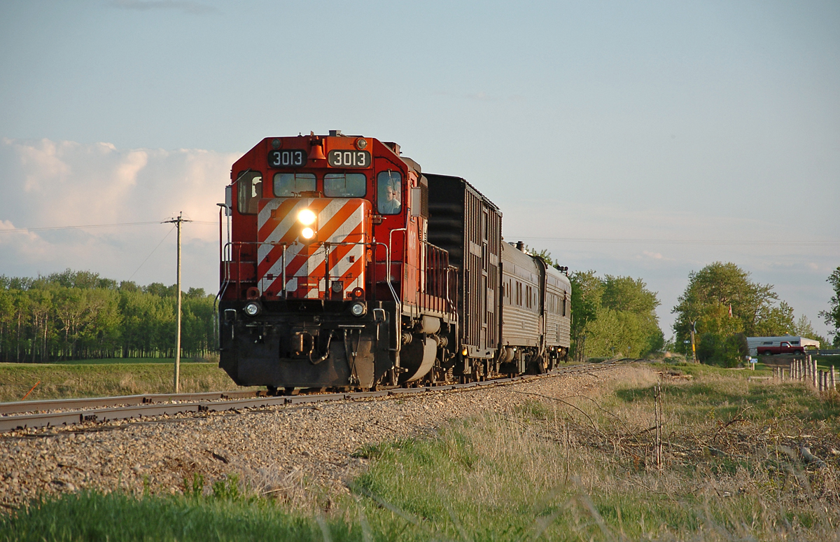 A rare move that took place during the strike on CP in May 2012. This GP38AC led the CP track evaluation train on this branchline with only one customer. This line was quite inactive from around 2008-2010, until some serious tie replacement and ballast work had been completed.