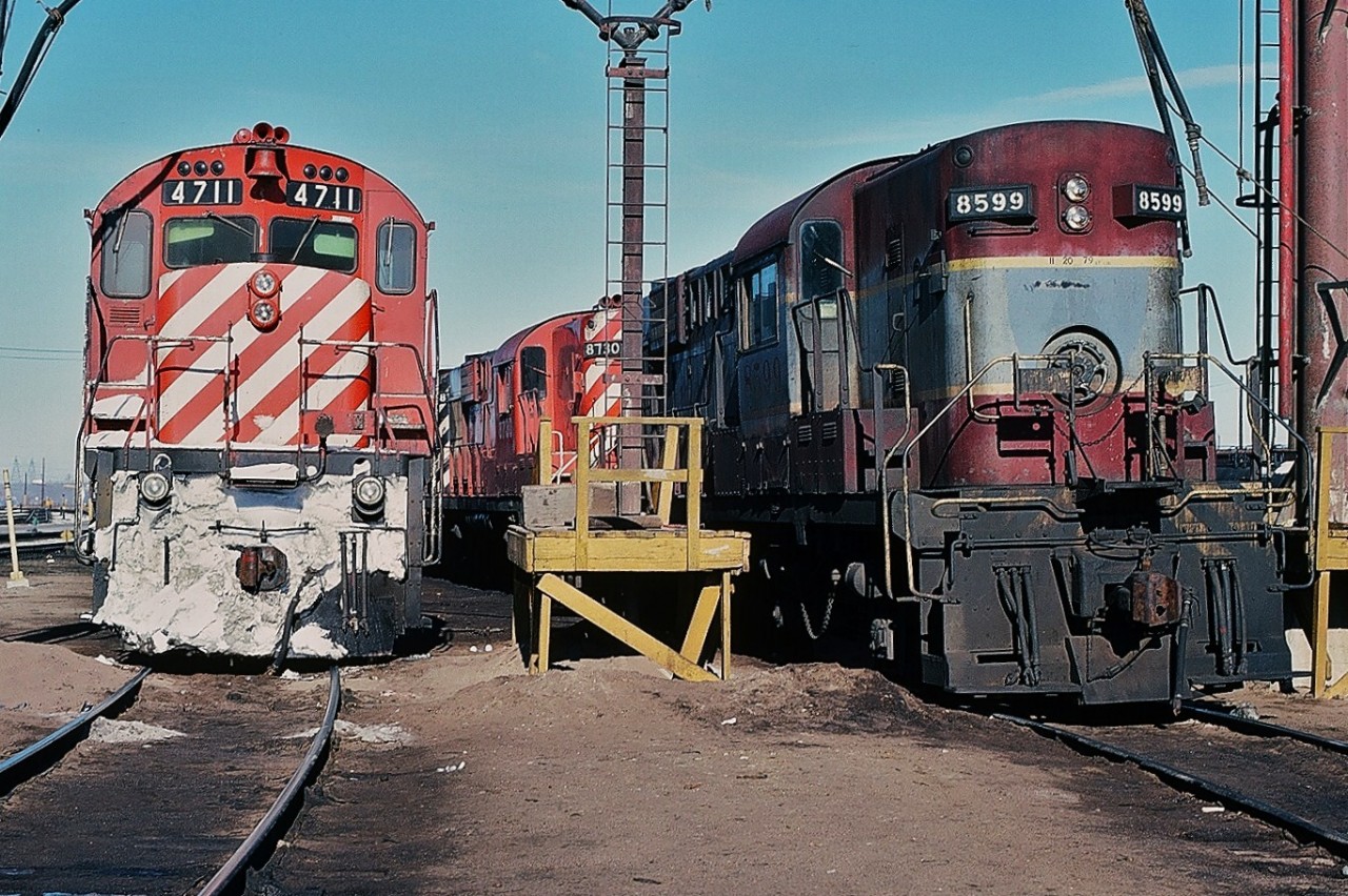 MLW rules - on this day - at CP Rail Agincourt. 


M636 #4711 shares the sand tower loading track with RS-10s #8599 ('b' end showing) and RS-18 #8730, the latter is the future #1808.


Q: Anyone know if #8599 was repainted CP Rail action red? 
And below 8599's head light, the " 11 20 79 " numbering - perhaps a repair date - purpose ?


January 20, 1980 Kodachrome by S.Danko.


More pure MLW on CP:


 two at Bolton  


 two departing Agincourt west  


 RS-10 at Agincourt  


 two west at Leaside  


 trio departing Agincourt east  


 trio departing Agincourt east  


 trio 244 primes at Guelph Jct  


 different trio departing Agincourt east  


sdfourty.