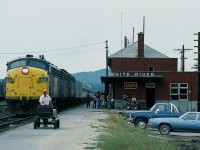 For many northern communities train time was a special time, even in the Eighties. 
<br>
<br>

The 1980 Paris Jct. shot of Via#6532 by Jim Adeney prompted me to pull this 1984 image of #6532 leading Via train #2.
<br>
<br>
August 29, 1984 Kodachrome by S.Danko.
<br>
<br>

More Via Canadian:
<br>
<br>

   <a href="http://www.railpictures.ca/?attachment_id=7292"> #1410 at Bradford </a> 
<br>
<br>
   <a href="http://www.railpictures.ca/?attachment_id=7285"> #4066 at Maple </a> 
<br>
<br>
  <a href="http://www.railpictures.ca/?attachment_id=3178"> at Bathurst Street </a> 
<br>
<br>
  <a href="http://www.railpictures.ca/?attachment_id=2439"> CP#8529-8473 at Bathurst Street </a> 
<br>
<br>
<a href="http://www.railpictures.ca/?attachment_id=2095"> at Leaside </a> 
<br>
<br>

sdfourty.
