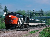 It seems that the more interesting liveries - paint schemes - have shortened lifespans * . 
<br>
Hard to believe but the white on black (with red nose) CN passenger livery life was a short fifteen years, replaced April 25, 1976 by the first VIA CN timetable ** and the corresponding yellow on blue VIA CN livery. The exception being the VIA CN Turbo train, painted blue on yellow. (The first time I saw the newly repainted VIA CN Turbo that paint reminded me of the Union Pacific!). Fortunately it took some time to get the CN fleet repainted - so witness here VIA CN Tempo train #81 cruising through Bayview Junction in May 1977 in full CN passenger livery (all south west Ontario VIA CN trains were 'Tempo' irregardless of the actual equipment assigned). Kodachrome by S.Danko.
<br>
How times change, when the CN Police simply provided a friendly wave to the Bayview Jct fans! (Perhaps that is YOU on the RBG Laking Garden Bridge ? ! )
<br>
( * another example shortened livery lifespan: the C&O/B&O Chessie Cat livery was replaced after fourteen short years).
<br>
( ** the final Canadian National - Canadien National System Timetable is dated October 26, 1975).
<br>
More CN w & b livery: 
<br>
<a href="http://www.railpictures.ca/?attachment_id=2436"> CN cabs at speed </a> 
<br>
<a href="http://www.railpictures.ca/?attachment_id=1965"> CN cabs nose profile </a> 
<br>
<a href="http://www.railpictures.ca/?attachment_id=1761"> contrasting CN cabs </a> 
<br>
sdfourty.
