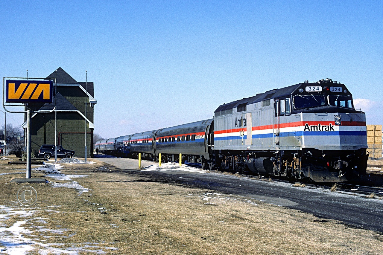Amtrak 324, with Toronto to New York City train 97, prepares to depart Niagara Falls for points east.