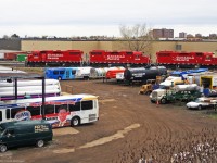 leaving the yard late T08 rolls past a truck yard in Scarborough Ontario.