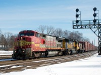 CN 399 comes by Brantford with an oddball consist of BNSF 555 - BNSF 8720 - CN 1436 and 97 cars