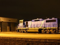 CEFX 2014 sits in the light of a near by street lamp in front of the SOR shops at Hamilton yard. I've seen many photos of this engine and it's sisters being used up in Hagersville or Nanticoke, but I'm assuming it was moved down hear for maintanence of 90-day inspection.  