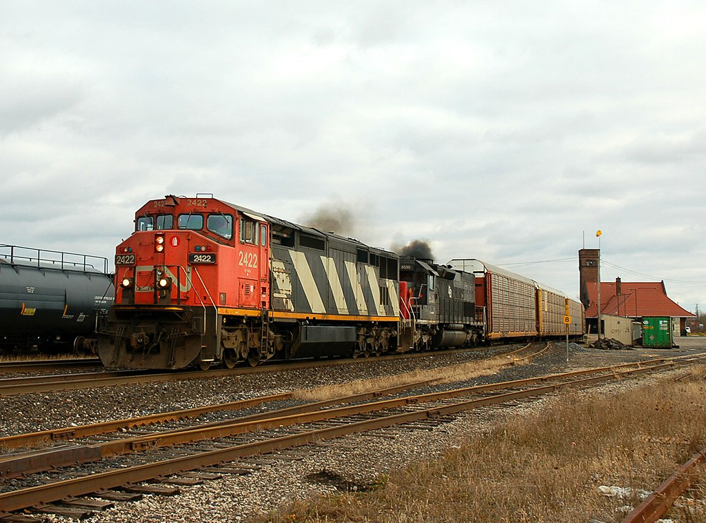 CN 2422 - LTEX 8530 smoke it up as they power all 67 cars of 271 past Brantford