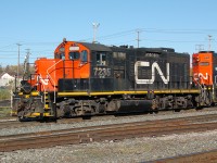 CN GP9RM 7235 was, for a time, one of the most active switching units in west Edmonton. Here's 7235 switching the West end of Walker yard along with 7501. 7235 has since been placed into the dead-line, and 7501 has just recently "recovered" from a sideswipe incident at Walker March 31, 2011.