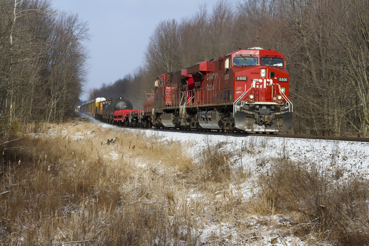 Perhaps one of the reasons that CP's Hamilton Subdivision remains a very seldom photographed line between Hamilton and Guelph Junction is because of the lack of trains and the timing in which they run. The last time that I was able to shoot a southbound in good lighting from this location was back in November 2011. Ever since then I have tried to catch a southbound train here before the afternoon but luck did not permit until this morning. CP 246, a Sudbury-Buffalo train is seen approaching the 7th Concession East grade crossing at Mile 69 on the Hamilton Sub on a frigid but sunny  January morning. After all this time it was nice to once again shoot a SB in some good morning light.