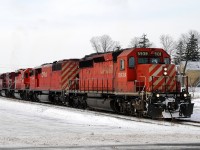 440 departs Galt with CP 5939, CP 9014, CP 5867, CP 9675, CP 8223 and CP 3057 after lifting 5 autoracks from the CN Fergus Sub