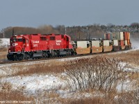 A refreshing change from the horde of toasters and waffle irons heading up most CP freights, two shopped SD60's, CP 6238 and 6234, roll what I think was 143 through Lovekin. 1434hrs.