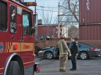 Minor accident yesterday from a result of a train car collision, luckily the train was doing 15 MPH and the occupants of the vehicle evacuated before the collision. Toronto Fire and CP Police coordinate a plan to move the train out of the way and the vehicle towed.