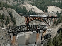 Westbound CN 416 changes sides with the CP in the Fraser canyon west of Lytton near Cisco Siding. All westbounds use the CN while Eastwards use the CP who's bridge is below the CN.