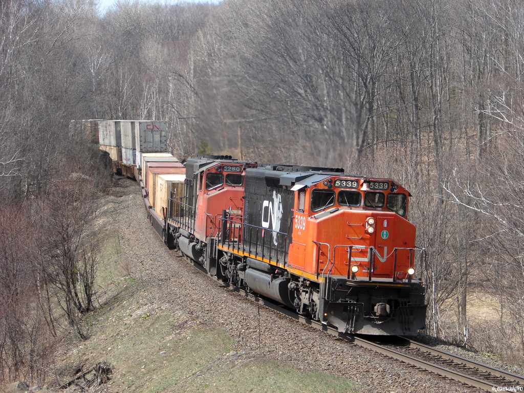 A couple of seasoned vets guide CN 106 around the bend at Rosseau Road on a beautiful spring day in 2007. With 2 old SD40-2W's on the head end and an old "CN Laser" 5-pack first out for a nice retro flavor! CN 5280 had overheated further North, so the crew was forced to isolate and shut down their trailing unit and open up all the hood doors, forcing them to put 5339 through the paces!