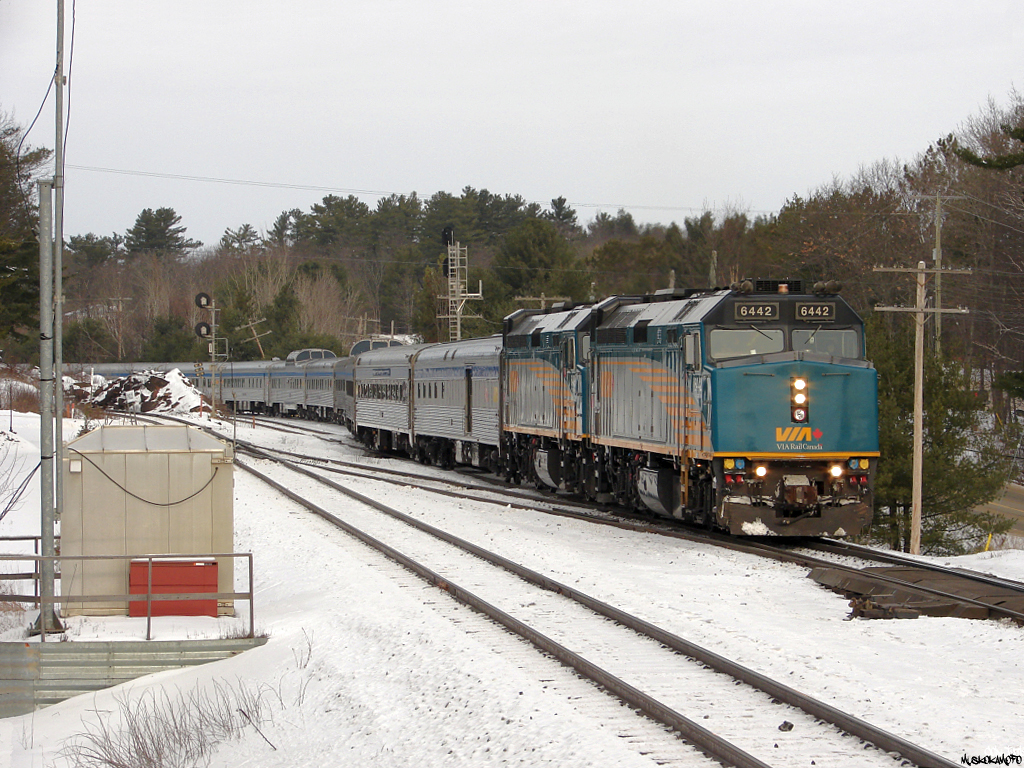 CN P00251 25 (VIA's Southbound "Canadian") - VIA 6442 South knocks down a slow to clear signal at Boyne pulling out of the siding at South Parry. #2 suffered a death and multiple illnesses on the train that were discovered around Ardbeg further North of here, and were held at Waubamik for 5 hours while the OPP conducted their investigation and removed the body. Unfortunately for the crew of #2, there was a block of CP cars fouling the siding at Waubamik clear of the back track, so they only had room to set off the affected cars on the tail end before splitting the train in 2 and running back to the North end to clear into the siding at Waubamik while the OPP did their thing! During all the delays, they gave their notice and were relieved at South Parry after a not so good trip.
