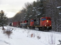 CN A45131 26 - CN 5745 North running later than usual up the Newmarket sub in a late January setting with an oversiding length train of 119 cars, 3 for Huntsville, and 116 for connection with the ONT at North Bay worth a grand total of about 7700 feet. Getting this train in daylight can be quite difficult to do these days on their current overnight schedule, but for whatever reason they held off on a 451 yesterday and ran an extra long one a few hours later than normal today, I'll take it! 
