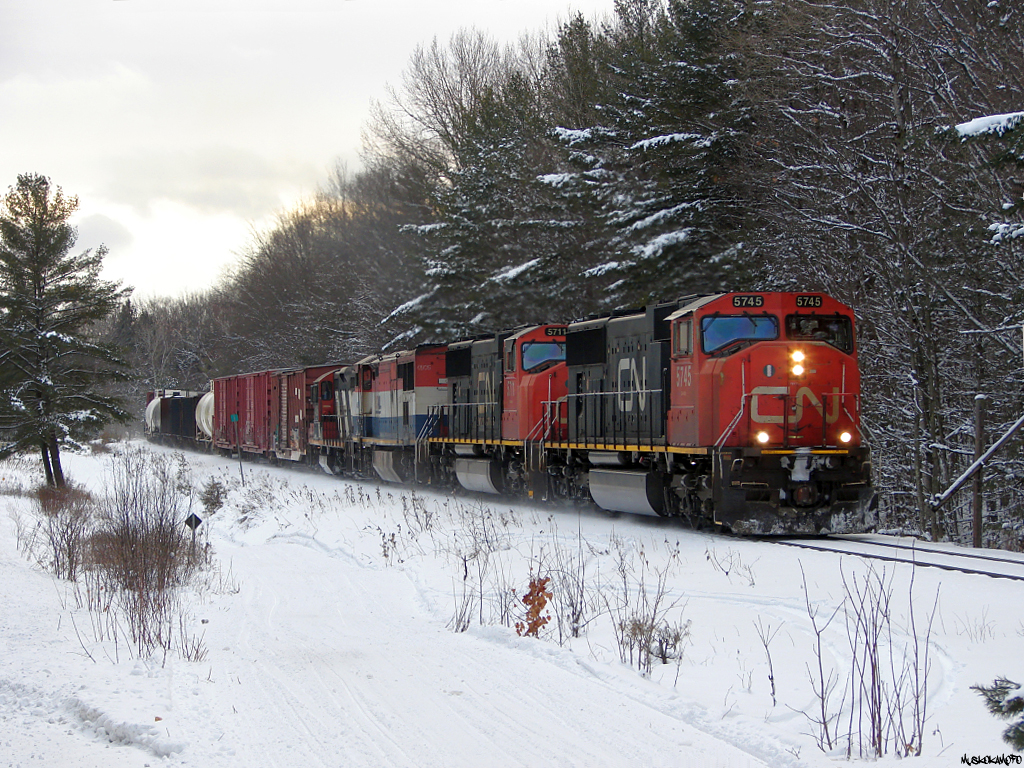 CN A45131 26 - CN 5745 North running later than usual up the Newmarket sub in a late January setting with an oversiding length train of 119 cars, 3 for Huntsville, and 116 for connection with the ONT at North Bay worth a grand total of about 7700 feet. Getting this train in daylight can be quite difficult to do these days on their current overnight schedule, but for whatever reason they held off on a 451 yesterday and ran an extra long one a few hours later than normal today, I'll take it!