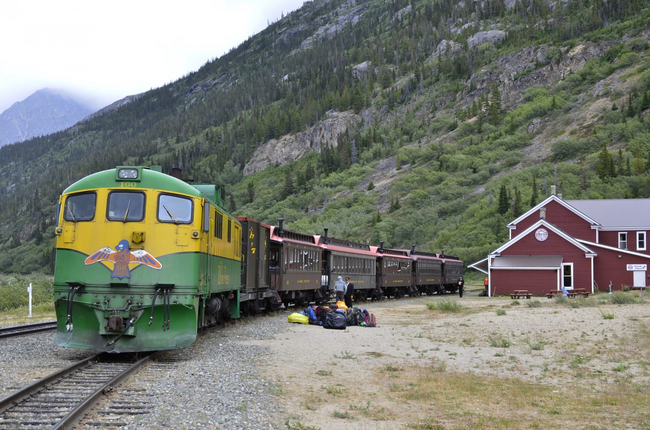 WP&Y Carcross turn southbound stopping at Bennett station.