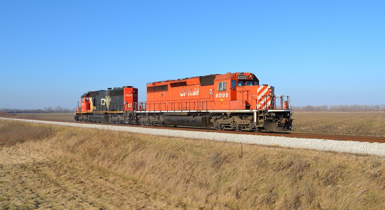 The power for the CASO rail train heads eastbound towards Chatham on the VIA Chatham Sub after coming from Windsor.