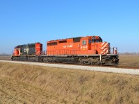 The power for the CASO rail train heads eastbound towards Chatham on the VIA Chatham Sub after coming from Windsor.