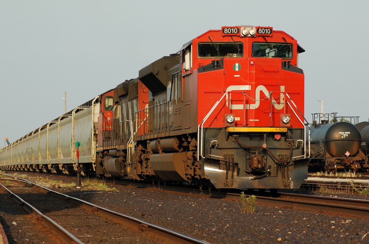 CN SD70M-2 8010 shows off it's mean looks in the evening sun as it departs Sarnia westbound. Trailing was CN SD40-2W 5245 these were all but killed off once more of the big M-2's arrived.