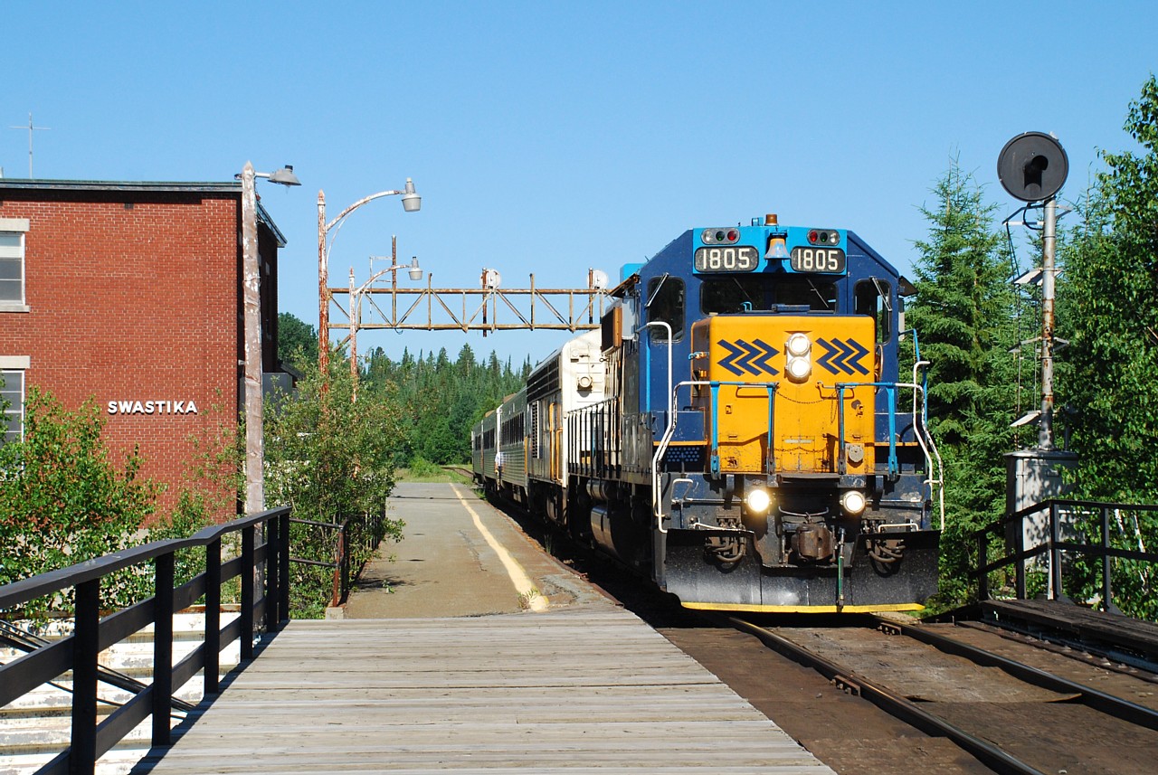 The southbound Northlander arrives in Swastika to drop off one passenger. A classic Ontario Northland scene.