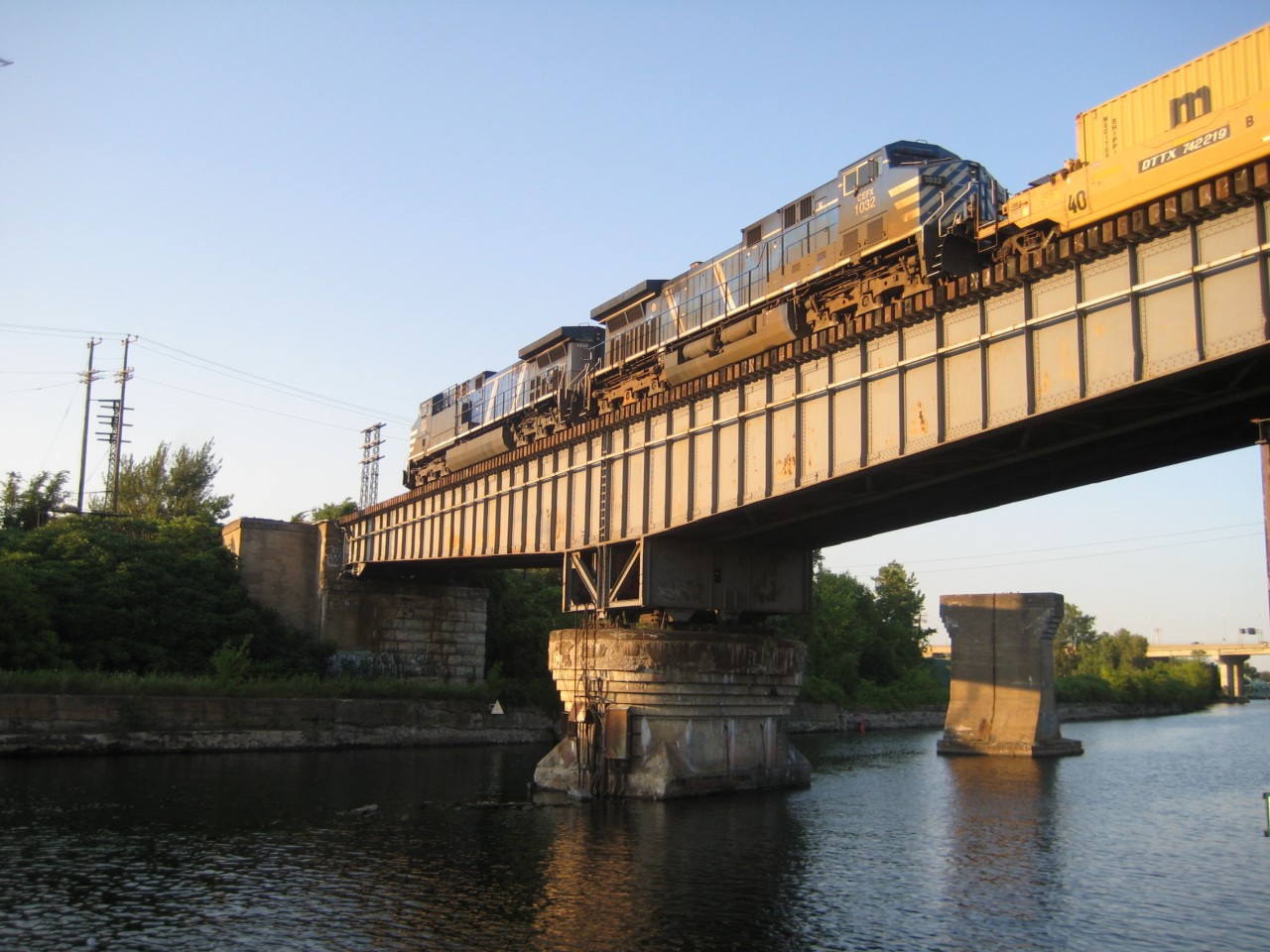Two leased 'Bluebirds' cross CP's Rockfield Bridge, on their way back from the U.S. This bridge was once a swing bridge when the Lachine Canal was open to traffic, but has been locked in place for probably about four decades.